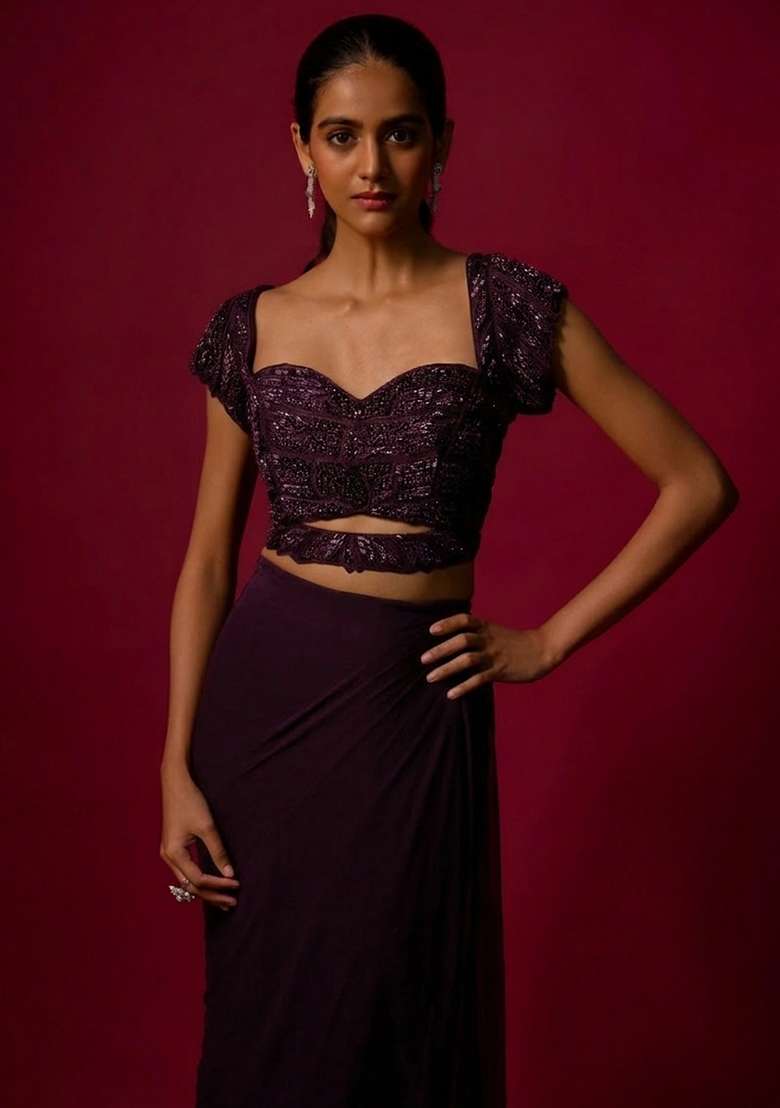 Purple Hand Work Chinon Pre Draped Saree Set - Indya