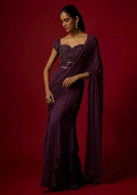 Purple Hand Work Chinon Pre Draped Saree Set