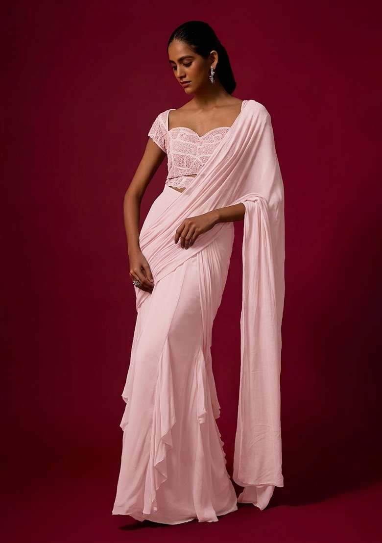 Blush Pink Hand Work Chinon Pre Draped Saree Set - Indya