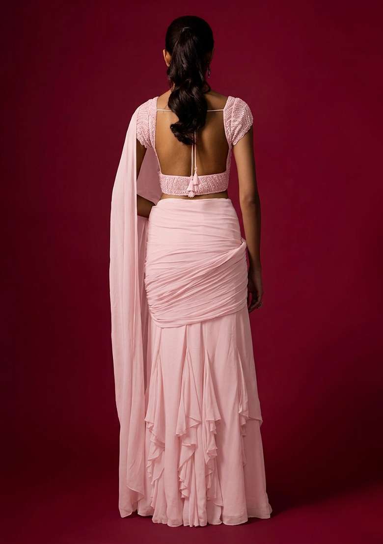 Blush Pink Hand Work Chinon Pre Draped Saree Set - Indya
