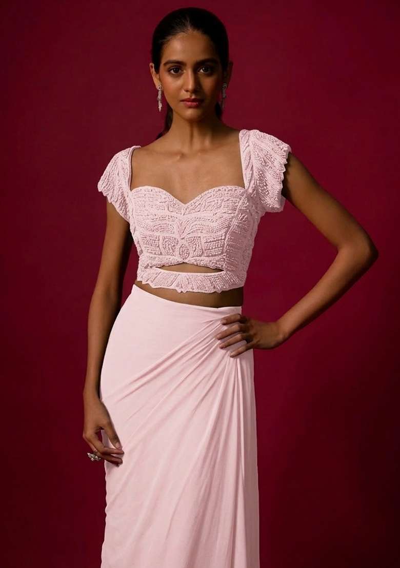 Blush Pink Hand Work Chinon Pre Draped Saree Set - Indya