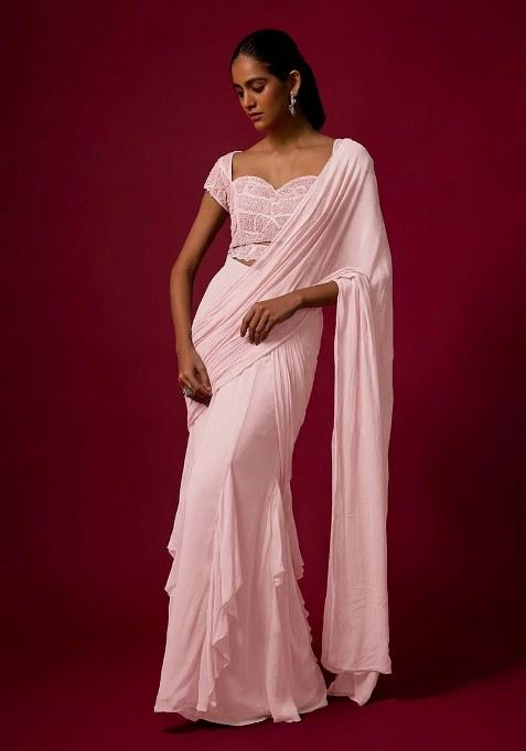 Blush Pink Hand Work Chinon Pre Draped Saree Set