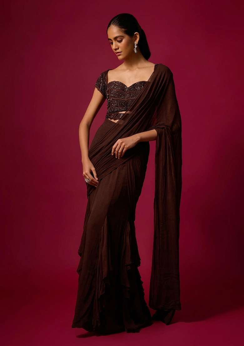 Dark Brown Hand Work Chinon Pre Draped Saree Set - Indya