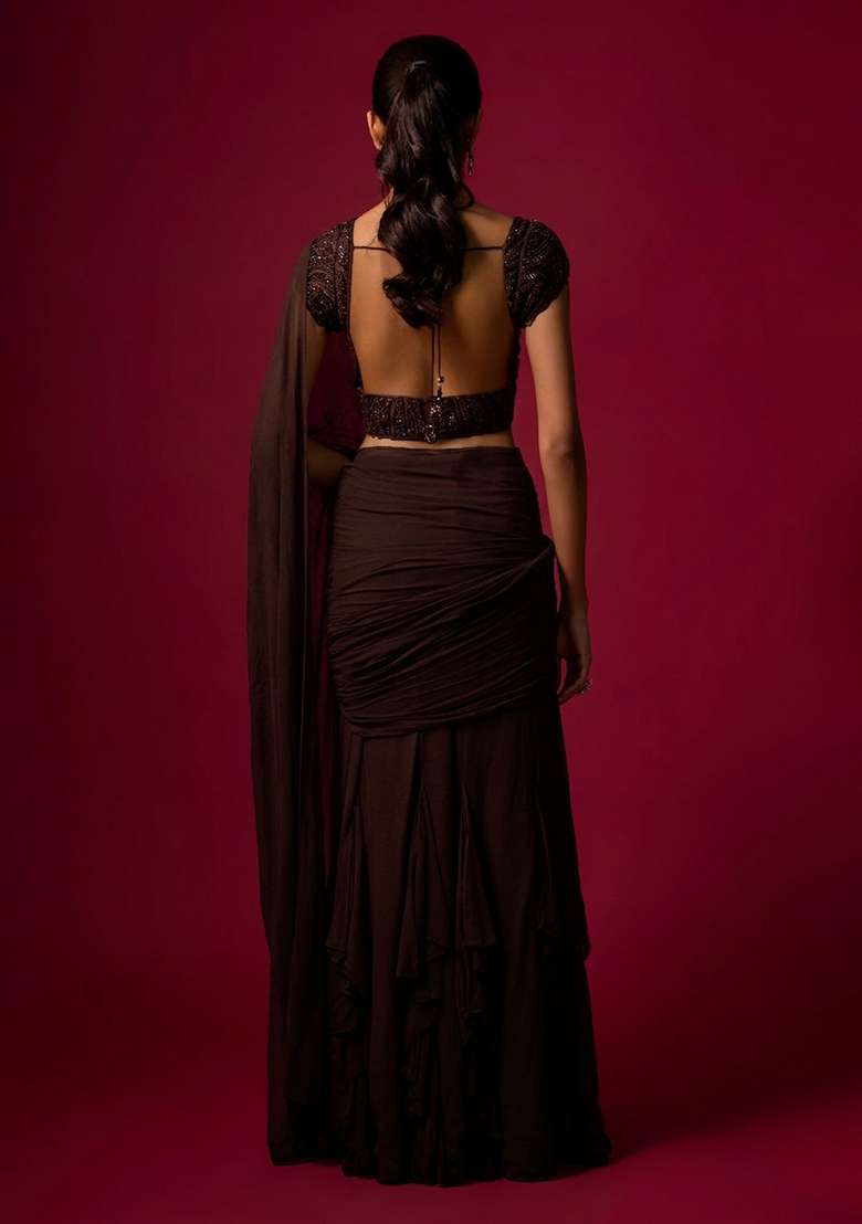 Dark Brown Hand Work Chinon Pre Draped Saree Set - Indya