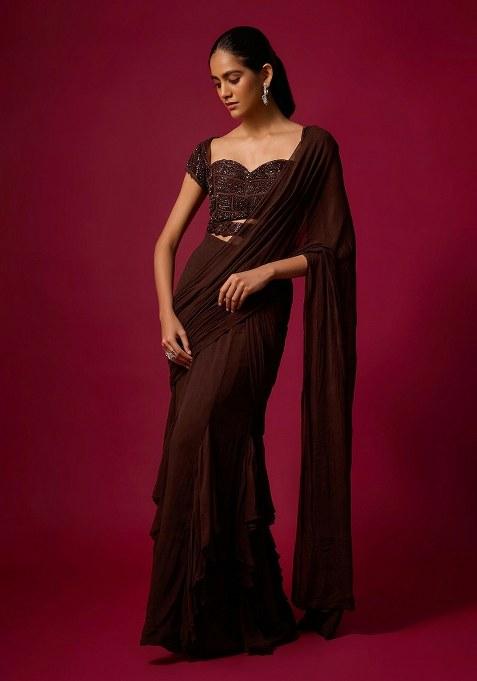 Dark Brown Hand Work Chinon Pre Draped Saree Set