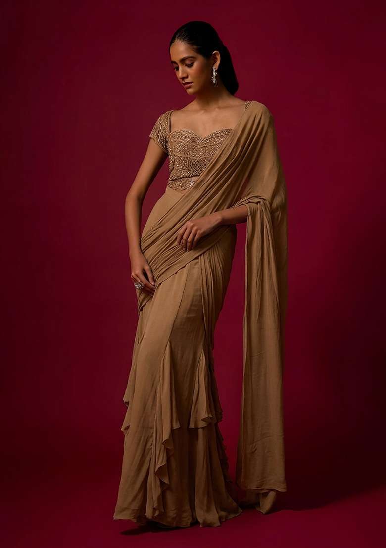 Camel Brown Hand Work Chinon Pre Draped Saree Set - Indya