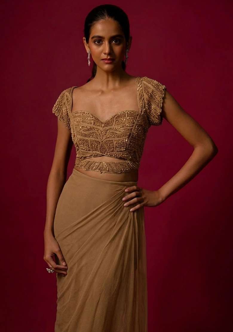 Camel Brown Hand Work Chinon Pre Draped Saree Set - Indya