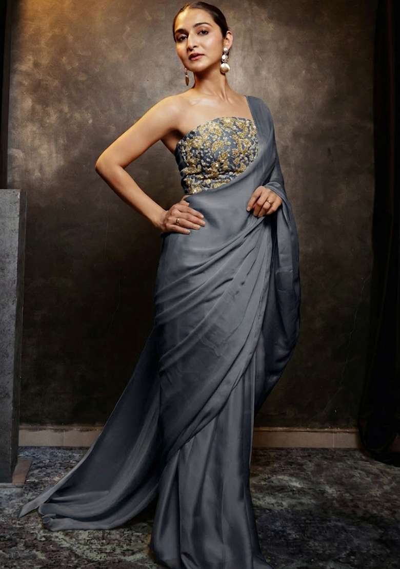 Steel Grey Hand Work Chinon Pre Draped Saree Set - Indya