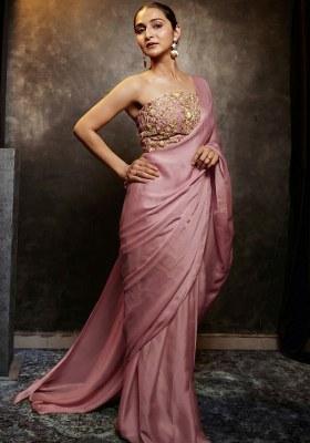 Mauve Hand Work Chinon Pre Draped Saree Set