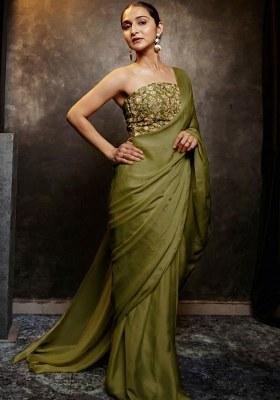 Olive Green Hand Work Chinon Pre Draped Saree Set