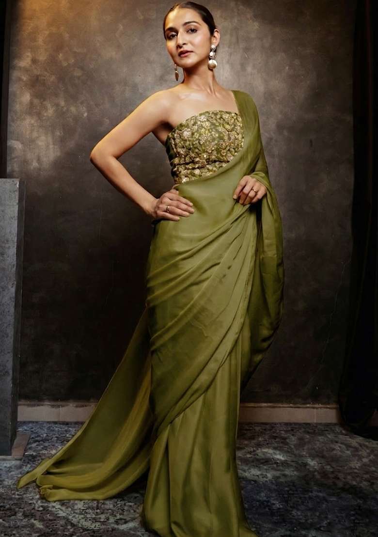 Olive Green Hand Work Chinon Pre Draped Saree Set - Indya