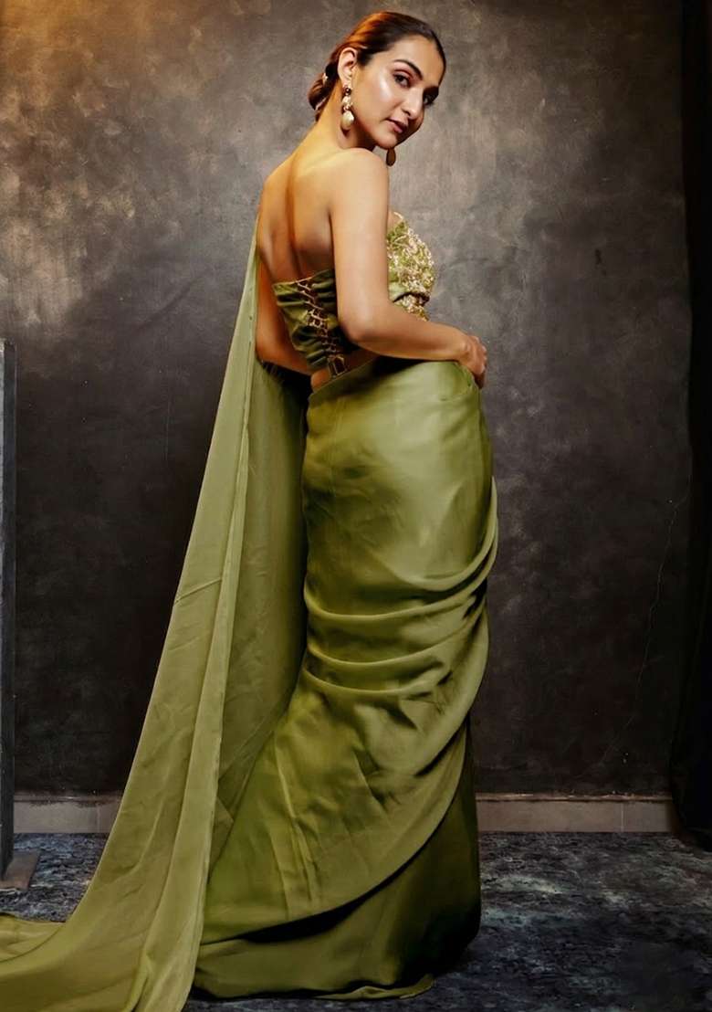 Olive Green Hand Work Chinon Pre Draped Saree Set - Indya