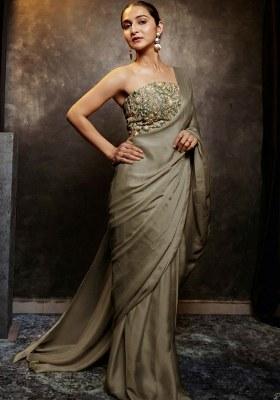 Sliver Sage Hand Work Chinon Pre Draped Saree Set
