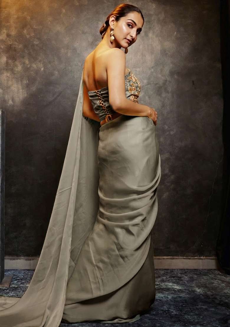 Sliver Sage Hand Work Chinon Pre Draped Saree Set - Indya