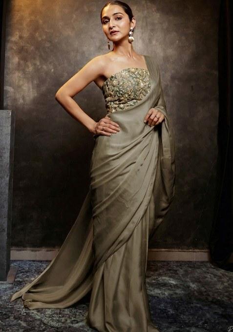 Sliver Sage Hand Work Chinon Pre Draped Saree Set