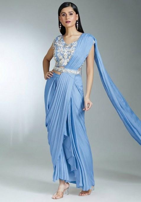 Powder Blue Hand Work Chinon Pre Draped Saree Set