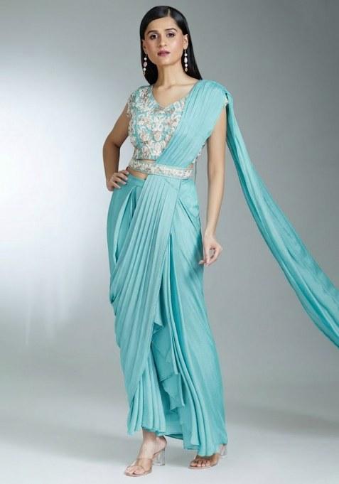 Aqua Blue Hand Work Chinon Pre Draped Saree Set