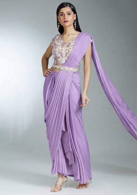 Lavender Hand Work Chinon Pre Draped Saree Set