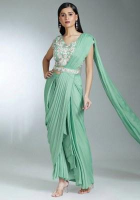 Sage Green Hand Work Chinon Pre Draped Saree Set