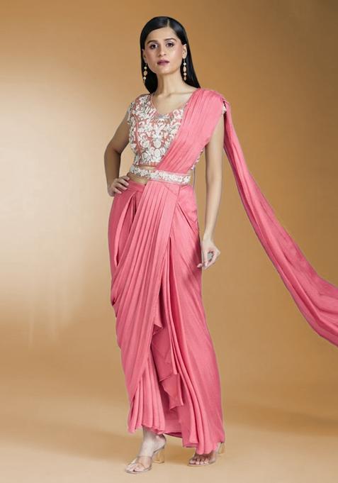 Pink Hand Work Chinon Pre Draped Saree Set