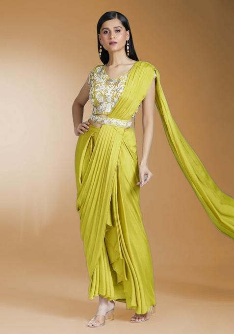 Lime Green Hand Work Chinon Pre Draped Saree Set