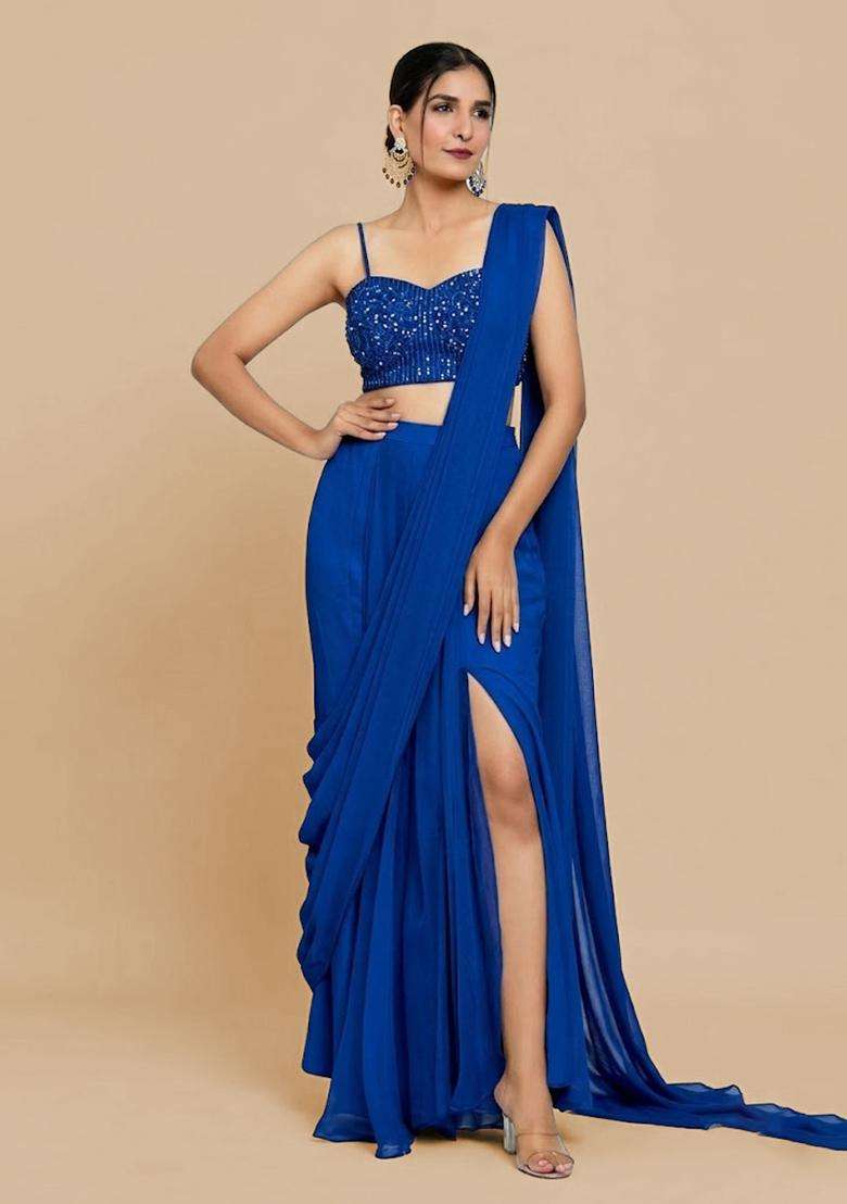 Royal Blue Hand Work Chinon Pre Draped Saree Set - Indya