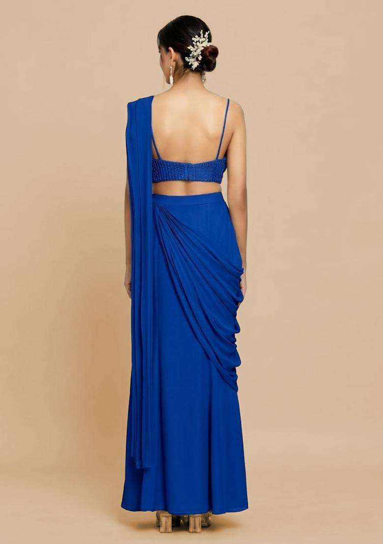 Royal Blue Hand Work Chinon Pre Draped Saree Set - Indya