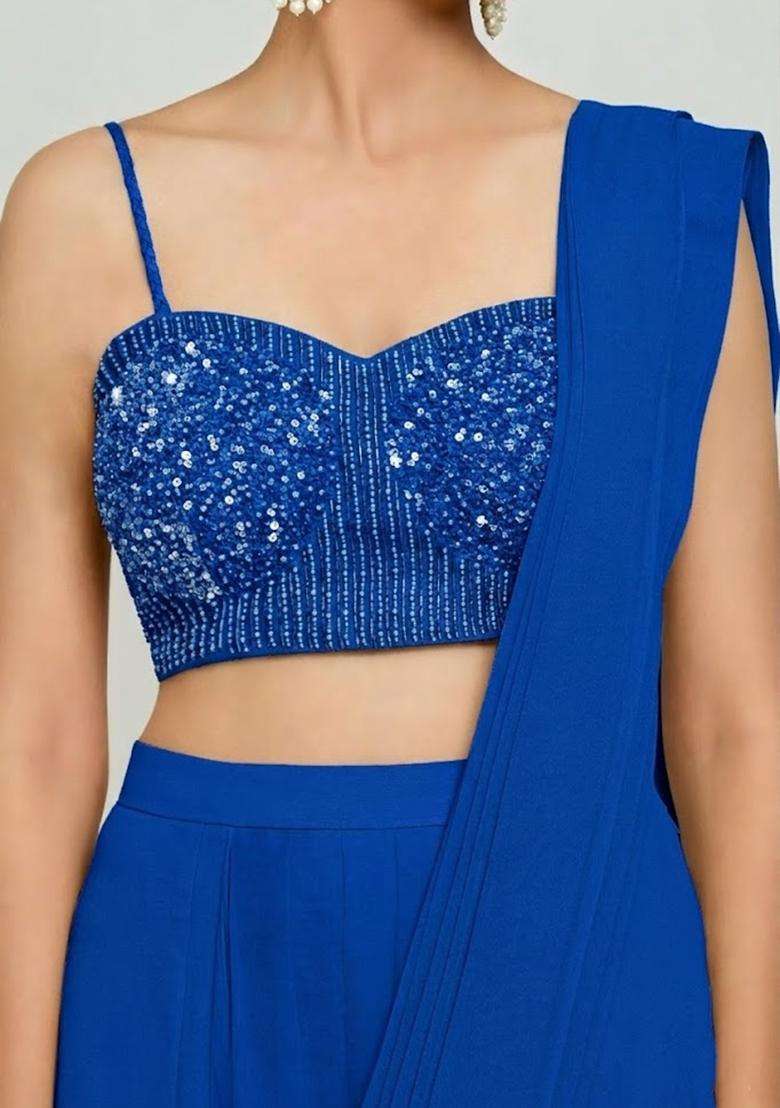 Royal Blue Hand Work Chinon Pre Draped Saree Set - Indya