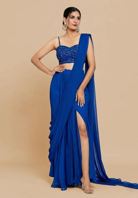 Royal Blue Hand Work Chinon Pre Draped Saree Set