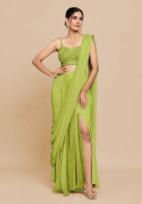 Lime Green Hand Work Chinon Pre Draped Saree Set