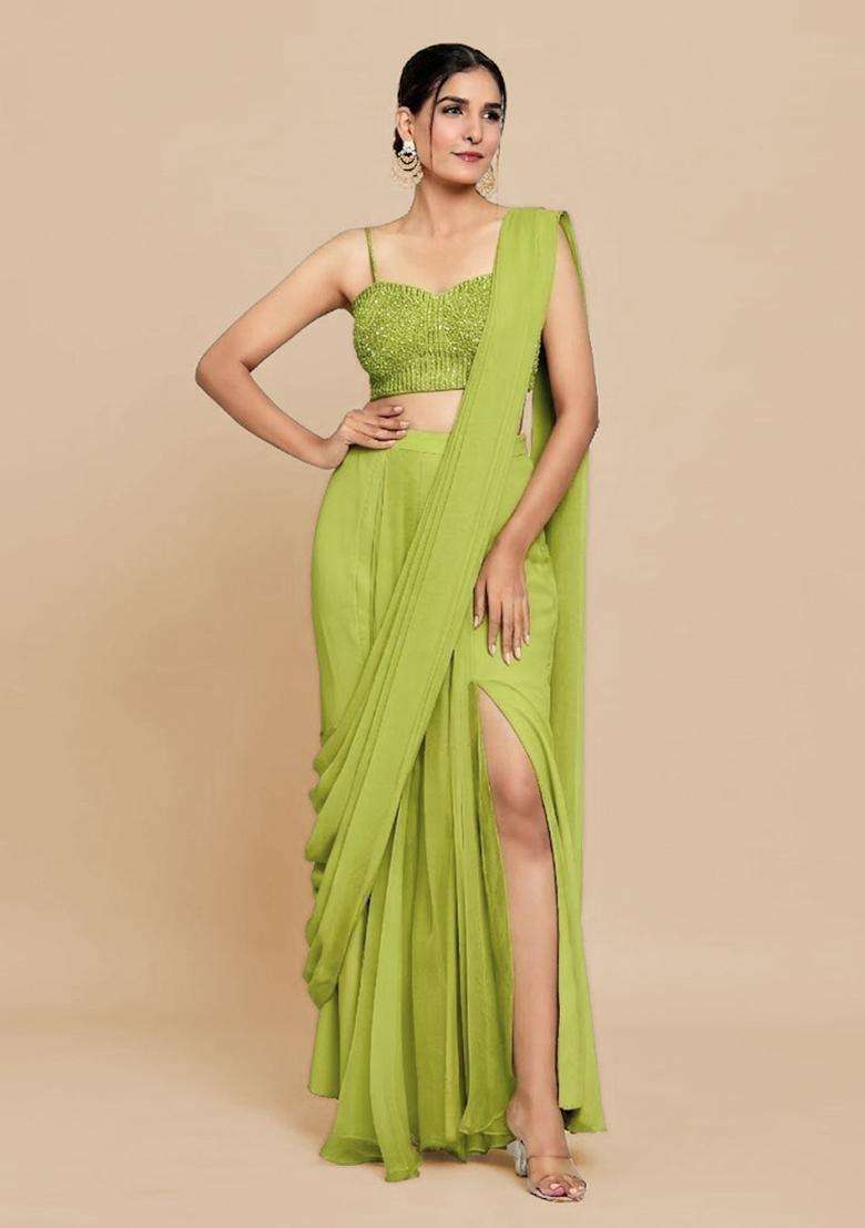 Lime Green Hand Work Chinon Pre Draped Saree Set - Indya