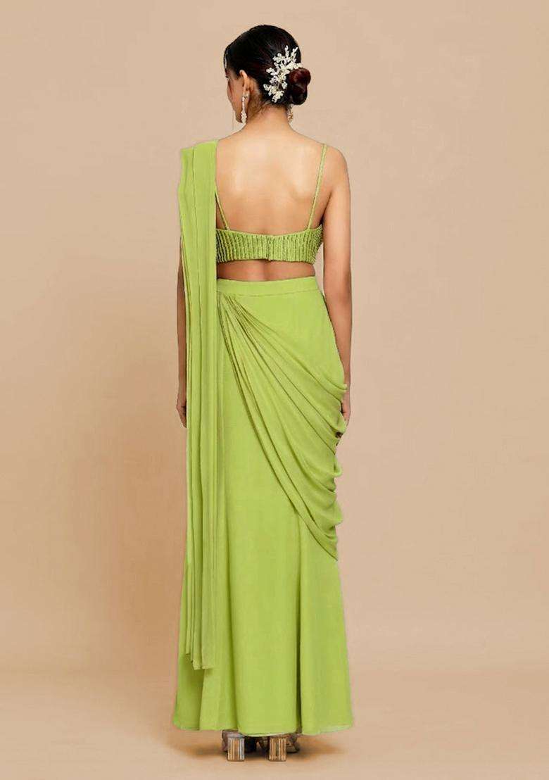 Lime Green Hand Work Chinon Pre Draped Saree Set - Indya