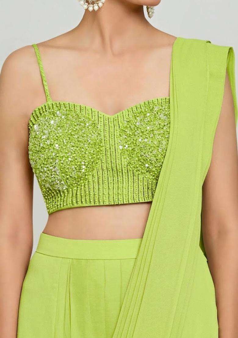 Lime Green Hand Work Chinon Pre Draped Saree Set - Indya