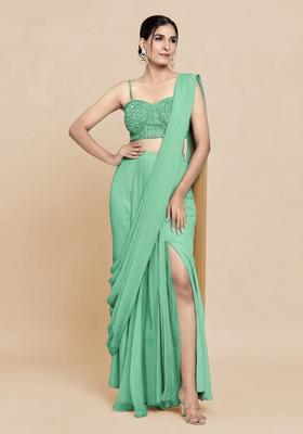 Mint Green Hand Work Chinon Pre Draped Saree Set