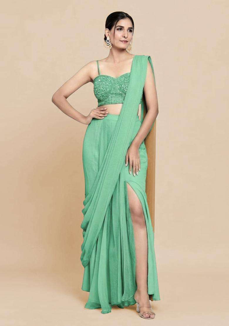 Mint Green Hand Work Chinon Pre Draped Saree Set - Indya