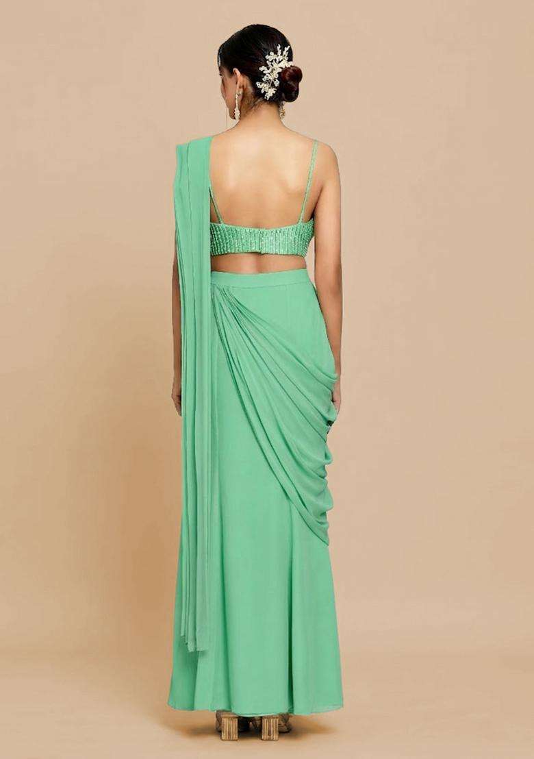 Mint Green Hand Work Chinon Pre Draped Saree Set - Indya