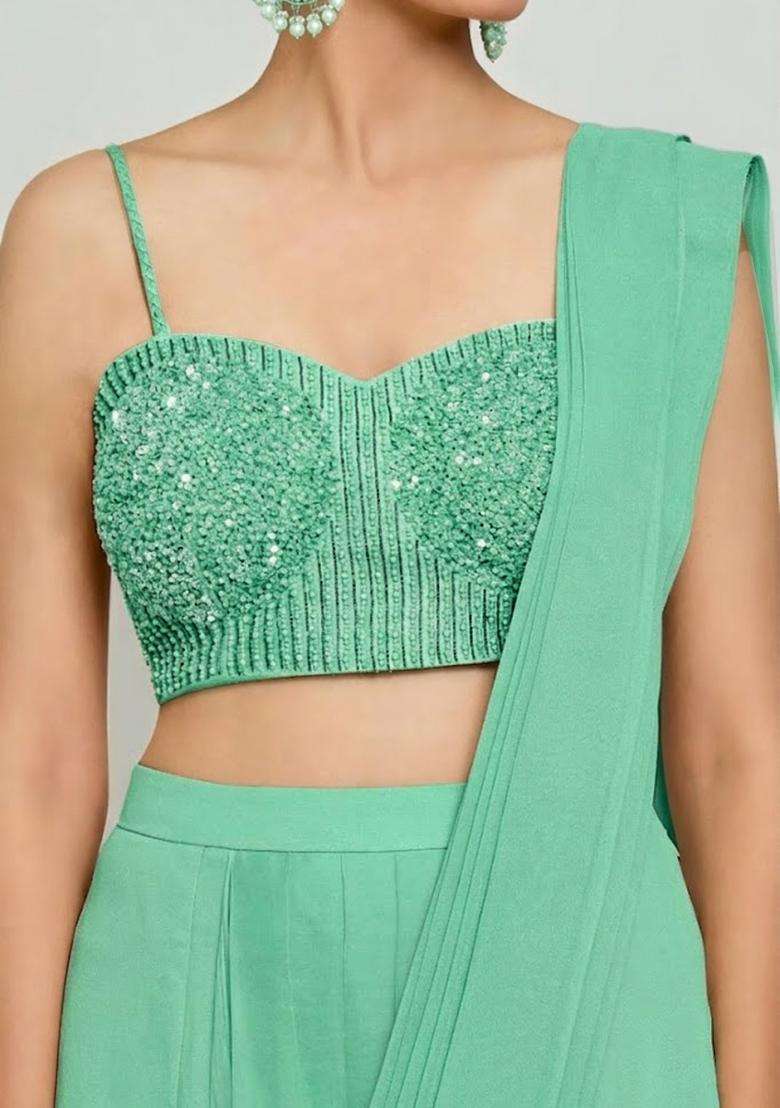 Mint Green Hand Work Chinon Pre Draped Saree Set - Indya