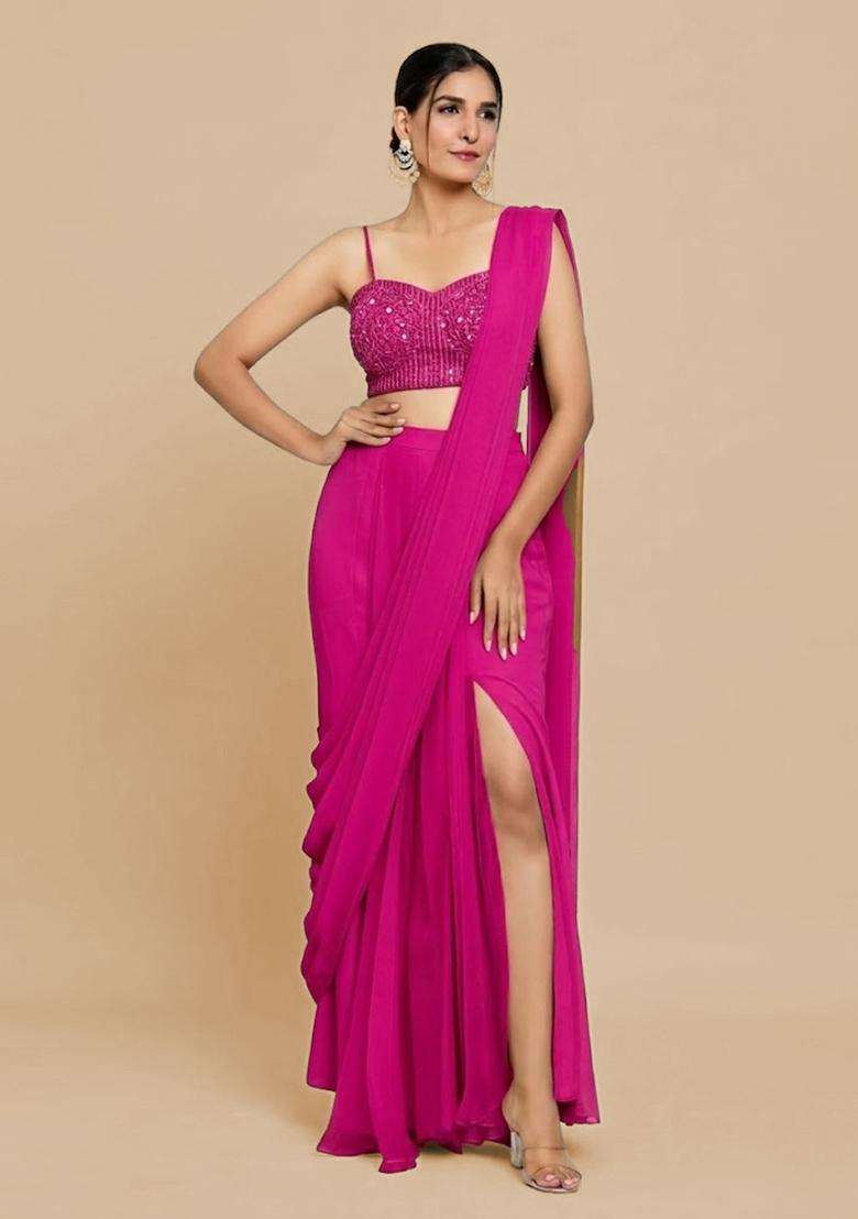 Rani Pink Hand Work Chinon Pre Draped Saree Set - Indya