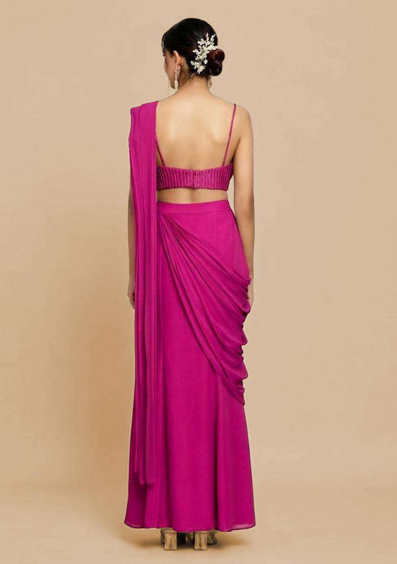 Rani Pink Hand Work Chinon Pre Draped Saree Set - Indya