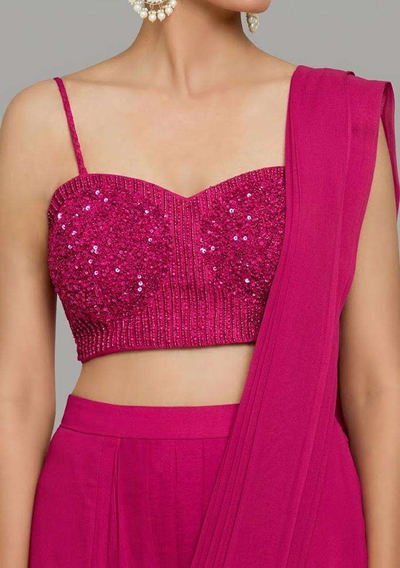 Rani Pink Hand Work Chinon Pre Draped Saree Set - Indya