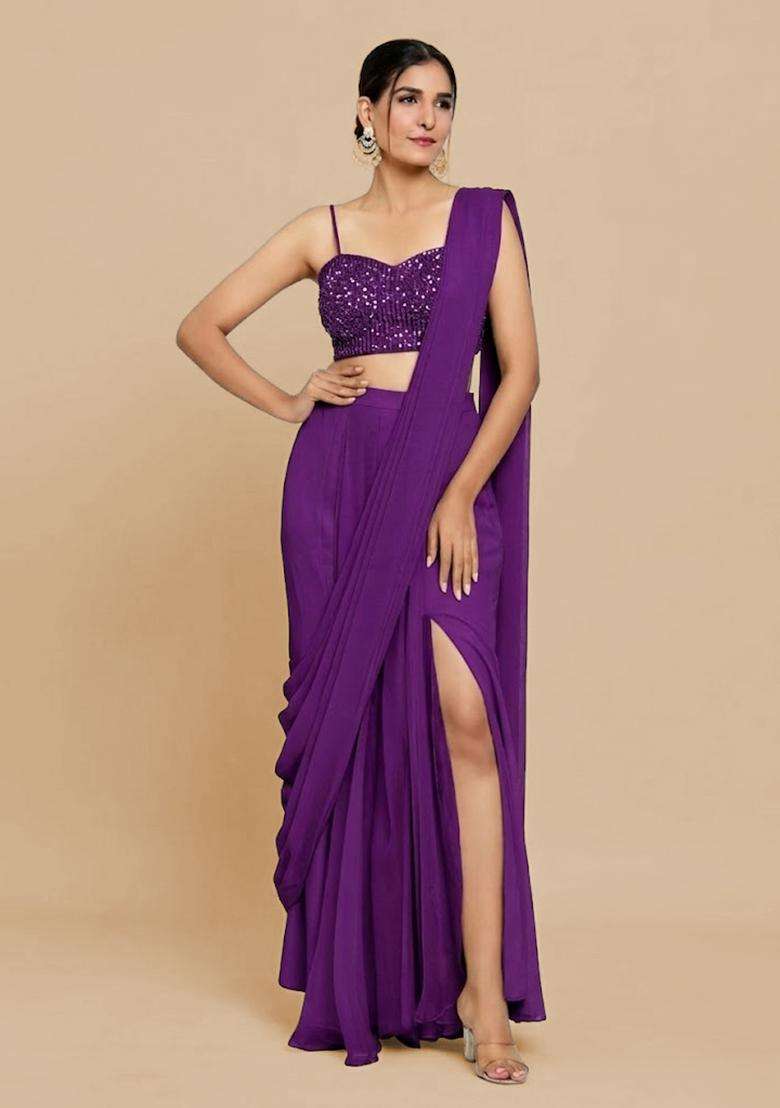 Royal Purple Hand Work Chinon Pre Draped Saree Set - Indya