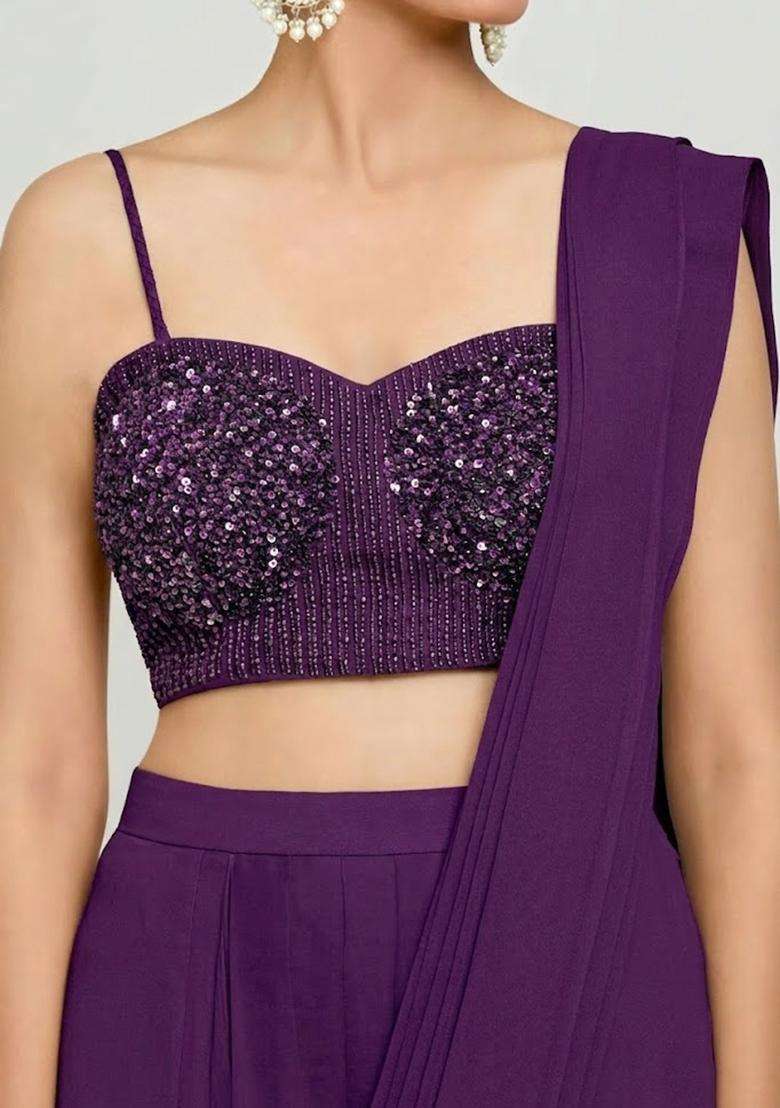 Royal Purple Hand Work Chinon Pre Draped Saree Set - Indya