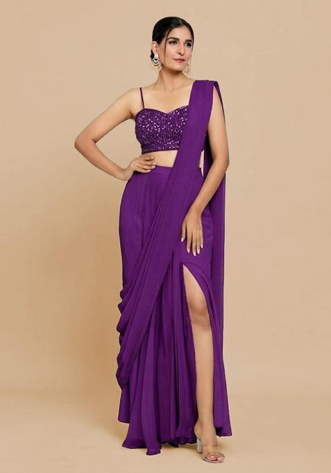 Royal Purple Hand Work Chinon Pre Draped Saree Set