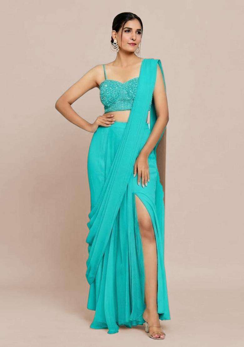 Aqua Blue Hand Work Chinon Pre Draped Saree Set - Indya
