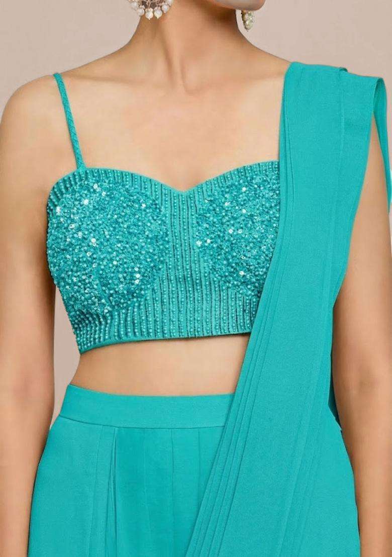 Aqua Blue Hand Work Chinon Pre Draped Saree Set - Indya
