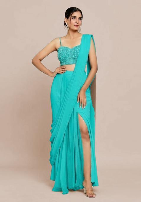 Aqua Blue Hand Work Chinon Pre Draped Saree Set