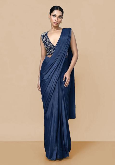 Navy Blue Hand Work Chinon Pre Draped Saree Set