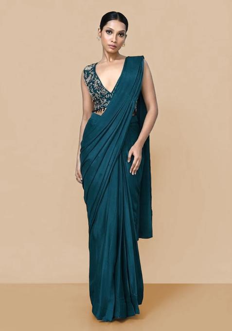 Teal Blue Hand Work Chinon Pre Draped Saree Set