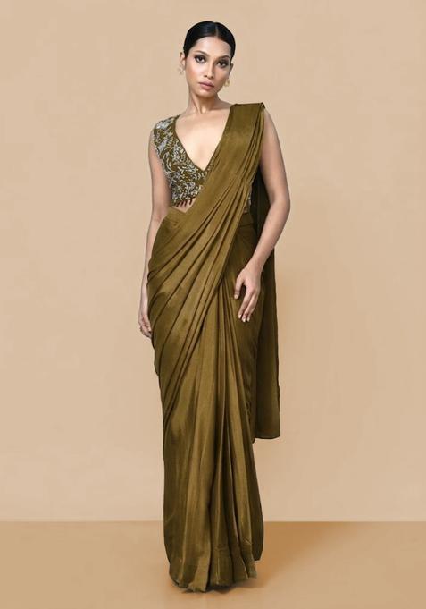 Olive Green Hand Work Chinon Pre Draped Saree Set