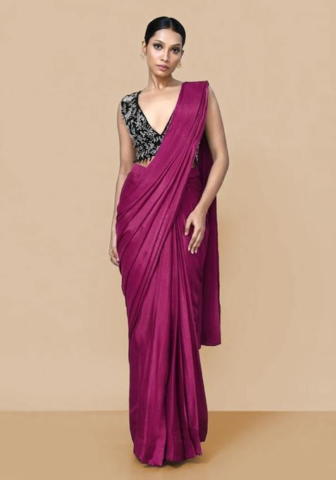 Rani Pink Hand Work Chinon Pre Draped Saree Set